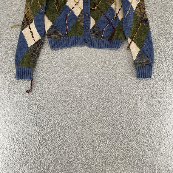 Zara Cardigan Sweater Womens Large Blue Argyle Button Front Patchwork Grandpa - Picture 2 of 15